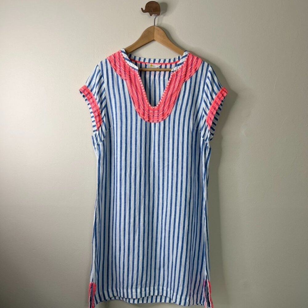 Boden Blue and White Striped Mini Dress with Pink Trim